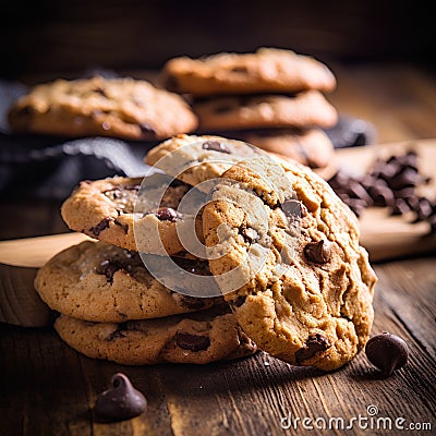 Chocolate chip cookies on a wooden background. Selective focus. Stock Photo