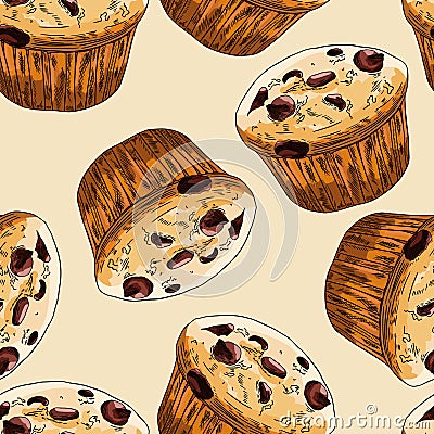 Chocolate Chip Muffin Sketch Hand Drawn Seamless Pattern Vector Illustration