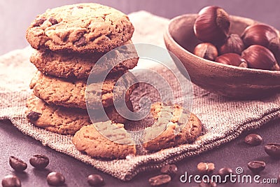 Chocolate chips cookies on black background Stock Photo
