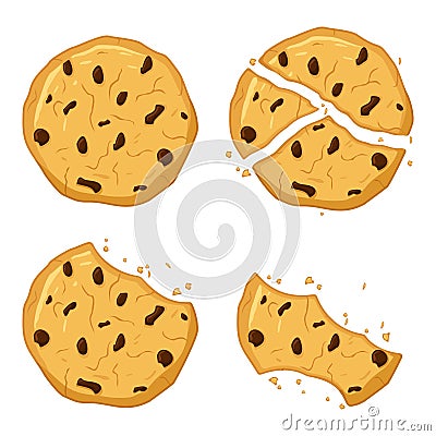 Chocolate chips cookies isolated on white background. Bitten, broken, cookie crumbs. Sweet food cookies icon. Biscuit Vector Illustration
