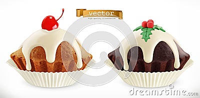 Chocolate christmas cupcake, fairy cake with cherry. 3d vector icon Vector Illustration