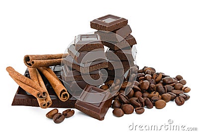 Chocolate,cinnamon and coffee beans. Stock Photo