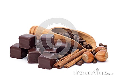 Chocolate, cinnamon, hazelnuts, coffee beans Stock Photo