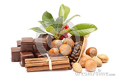 Chocolate, cinnamon, hazelnuts, coffee beans Stock Photo