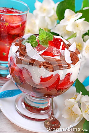 Chocolate and coconut dessert with strawberries Stock Photo