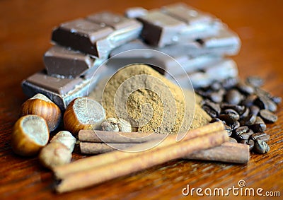 Chocolate with coffee beans cocoa and hazelnuts Stock Photo