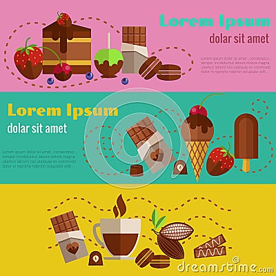 Chocolate coffee, desserts and cakes retro vintage banners Vector Illustration