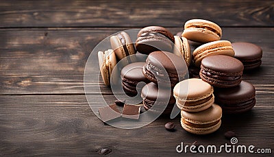 Chocolate and coffee macaroons or macarons on old dark brown wooden background Stock Photo