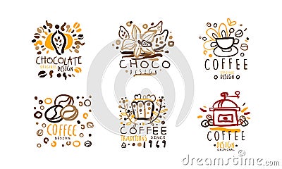 Chocolate and Coffee Traditions Logo Original Design Templates Set, Retro Hand Drawn Labels Vector Illustration Vector Illustration