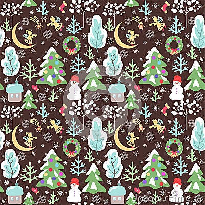 Chocolate color Christmas seamless childish wallpaper with funny paper cutting pattern with little angels, house, snowman, snowy f Vector Illustration