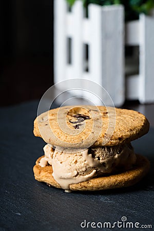 Chocolate cookie coffee ice cream sandwich Stock Photo