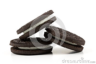 Chocolate cookies with cream filling on white background Stock Photo