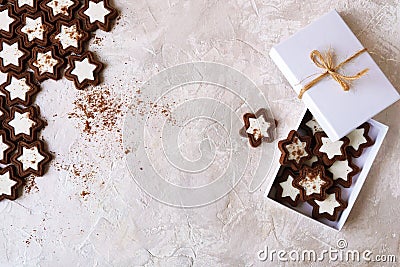 Chocolate cookies with cream packed in a white box, light background Stock Photo