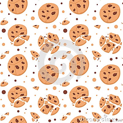 Chocolate cookies pattern. Cartoon seamless texture of sweet bakery dessert with chocolate chips and crumbs. Vector Vector Illustration