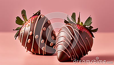 chocolate covered strawberries. Decorative confection candy. Valentine's Day romantic treat. Sweet fruit on pink background. Stock Photo