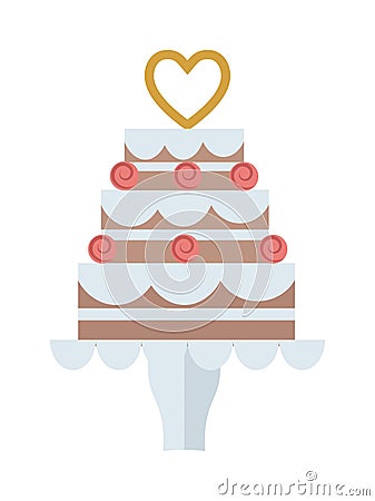 Chocolate cream birthday cake topped pie isolated with white slice and cream flowers decorated vector. Vector Illustration