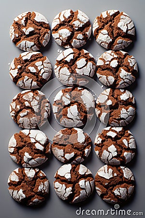 Chocolate crinkle cookies dusted with powdered sugar. Christmas homemade delicious dessert Stock Photo