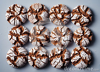 Chocolate crinkle cookies dusted with powdered sugar. Christmas homemade delicious dessert Stock Photo