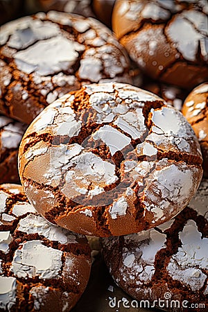 Chocolate crinkle cookies dusted with powdered sugar. Christmas homemade delicious dessert Stock Photo