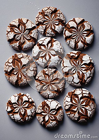 Chocolate crinkle cookies dusted with powdered sugar. Christmas homemade delicious dessert Stock Photo