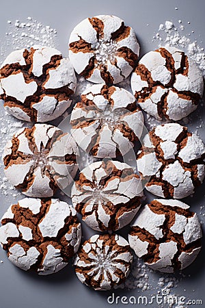 Chocolate crinkle cookies dusted with powdered sugar. Christmas homemade delicious dessert Stock Photo