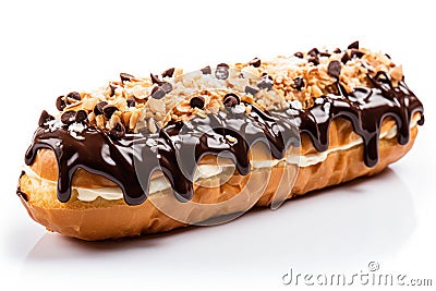 chocolate croissant, filled with rich cream and crunchy nuts, drizzled with luscious chocolate sauce. Stock Photo
