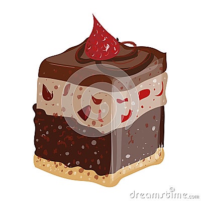 Chocolate cupcake, baked goods, slice of cake, dessert with strawberries, mouth-watering sweets, icon. Vector Illustration