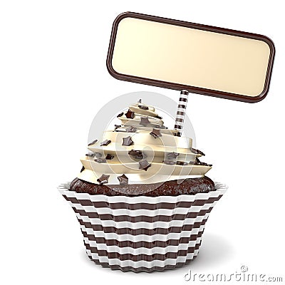 Chocolate cupcake and blank board. 3D render Cartoon Illustration