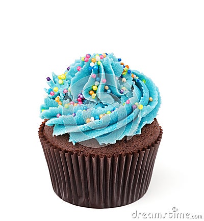 Chocolate cupcake with blue buttercream isolated on white Stock Photo