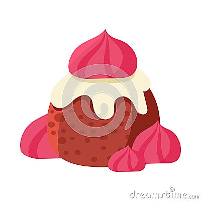 Chocolate cupcake decorated with pink marshmallows. Colorful cartoon vector Illustration Vector Illustration