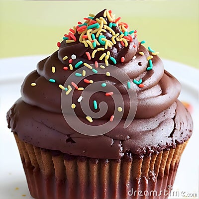 A chocolate cupcake with chocolate frosting and sprink Stock Photo