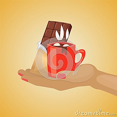 Chocolate dessert vector illustration, cartoon flat human hand holding mug with tasty delicious hot aroma chocolate Vector Illustration