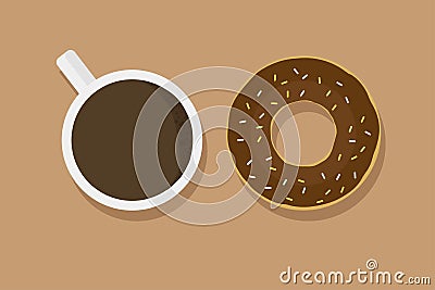 Chocolate donut on brown background with cup of coffee with shadow tasty breakfast cafe dessert. Flat design EPS 10 Stock Photo