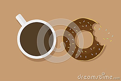 Chocolate donut on brown background mouth bite with cup of coffee with shadow tasty breakfast cafe dessert. Flat design Vector Illustration