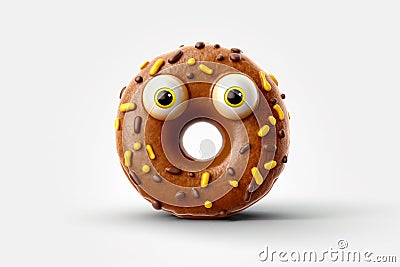 Chocolate Donut with eyes on white background. Generative AI Stock Photo