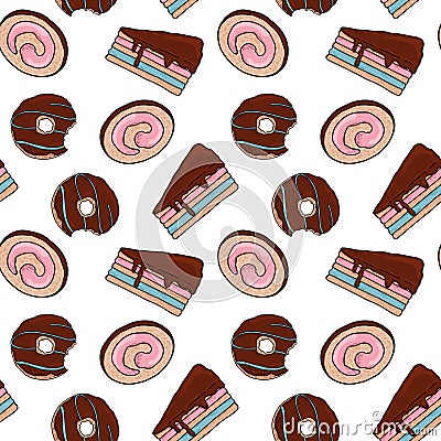 Chocolate donuts and cakes seamless repeat pattern. Stock Photo