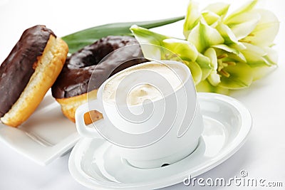 Chocolate donuts with coffee Stock Photo