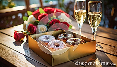 chocolate donuts and roses Stock Photo