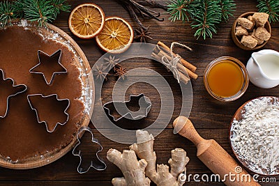 Chocolate dough for gingerbread cookies and organic, healthy ingredients for Christmas baking Stock Photo