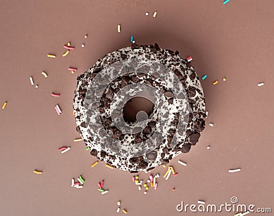 Doughnuts, Chocolate Brown and Pink Donut with Multicolored Sprinkles Stock Photo