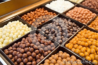 Chocolate dragee on the counter of a confectionery store Stock Photo