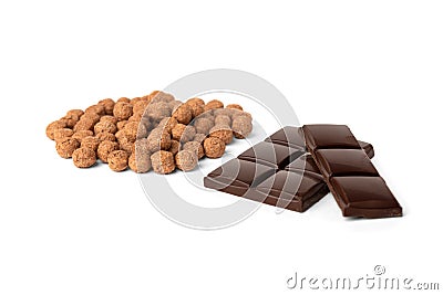 Chocolate dried balls and chocolate bar isolated on white background Stock Photo
