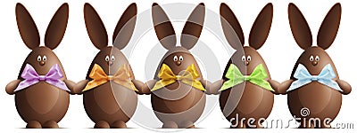 Chocolate Easter bunnies with ribbons bows in various colors on Stock Photo