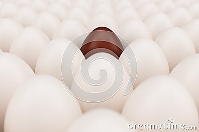 Chocolate egg in a centre. Background of white chicken eggs with one chocolate egg. Symbol of easter, holidays. 3D Cartoon Illustration