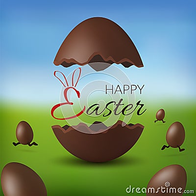 Chocolate egg 3D Happy Easter text. Broken brown Easter egg, blurred green grass field, blue sky meadow background Vector Illustration