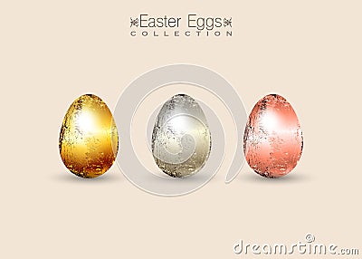 Chocolate eggs decorated with gold for Easter. Happy Easter. Set of Easter eggs with different golden color texture. Spring holida Vector Illustration