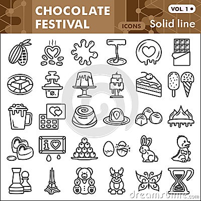 Chocolate festival line icon set, Confectionery symbols collection or sketches. Cocoa and Chocolate linear style signs Vector Illustration