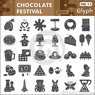 Chocolate festival solid icon set, Confectionery symbols collection or sketches. Cocoa and Chocolate glyph style signs Vector Illustration