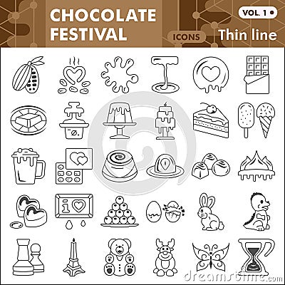 Chocolate festival thin line icon set, Confectionery symbols collection or sketches. Cocoa and Chocolate linear style Vector Illustration