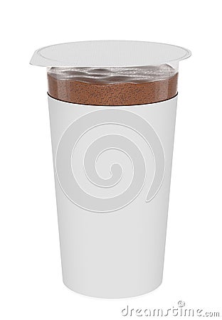 Chocolate foam, foamy cream, in transparent plastic container. Stock Photo